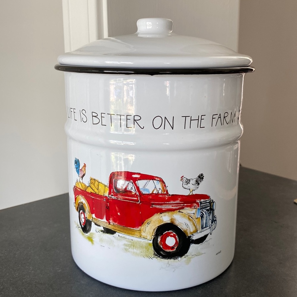 Hobby Lobby Anne Tavoletti Life Is Better On The Farm enamelware canister